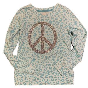 SO Girls WOLRD PEACE Top Peace Sign Graphic Turq‎ Leopard Print Size 16 (XL)